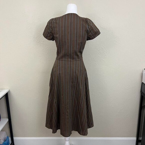 brown and blue pinstripe y2k deep v neck midi dress - Picture 3 of 8
